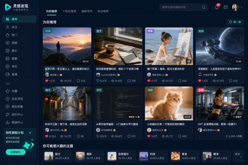 海角社区精选内容推荐系统界面，智能算法为用户精准推荐优质原创内容